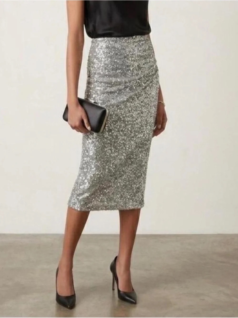 Express Champagne/Silver Sequin Midi Pencil Skirt